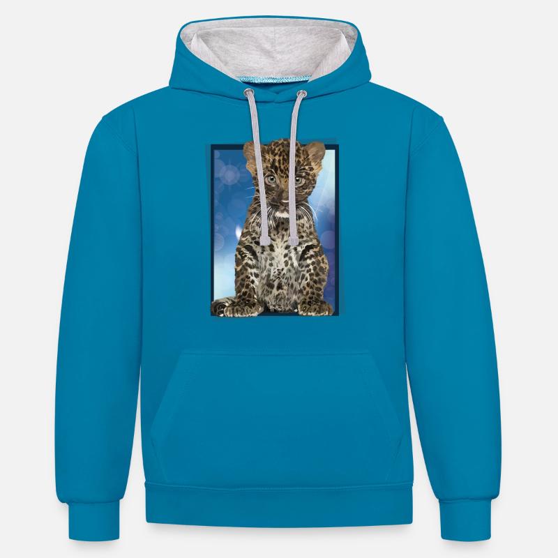 Léopard - Sweat à capuche contrasté - bleu paon/gris chiné