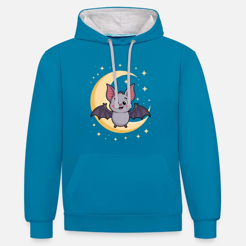Motif de chat chauve-souris nocturne - Sweat à capuche contrasté - bleu paon/gris chiné