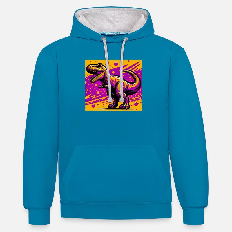 dinosaure - Sweat à capuche contrasté - bleu paon/gris chiné