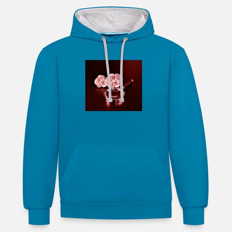 Fleurs d’orchidée et loupe - Sweat à capuche contrasté - bleu paon/gris chiné
