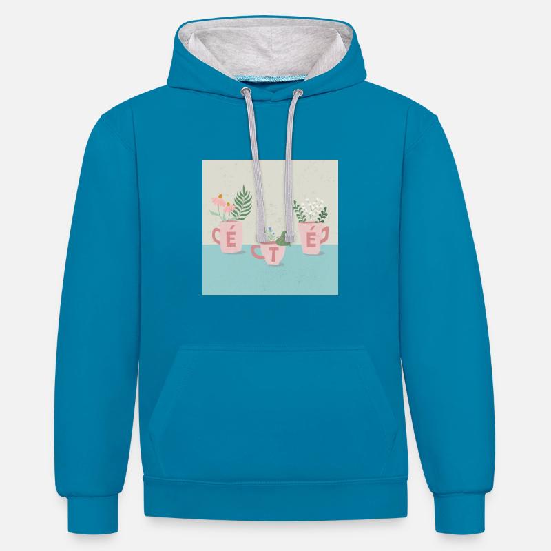 fleurs d'été - Sweat à capuche contrasté - bleu paon/gris chiné