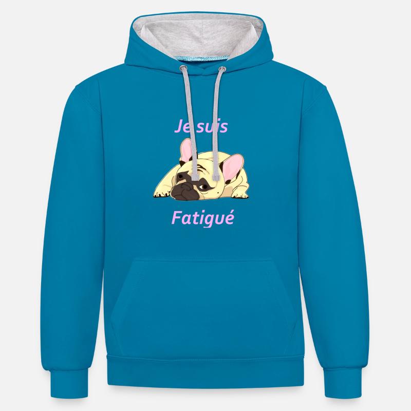 bouledogue francais - Sweat à capuche contrasté - bleu paon/gris chiné