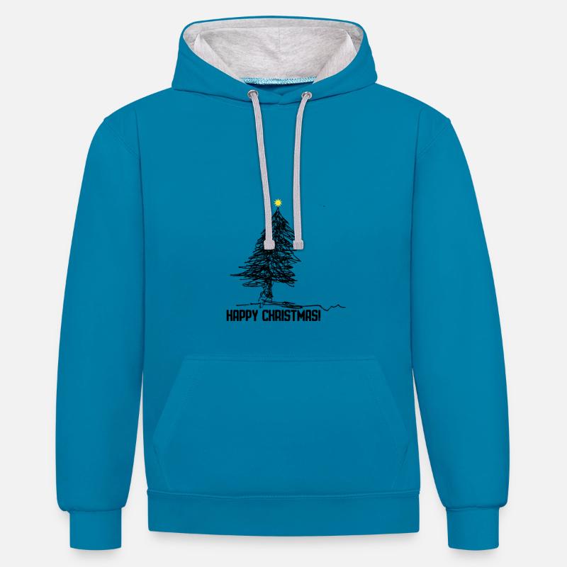 Joyeux Noël, sapin de Noël - Sweat à capuche contrasté - bleu paon/gris chiné