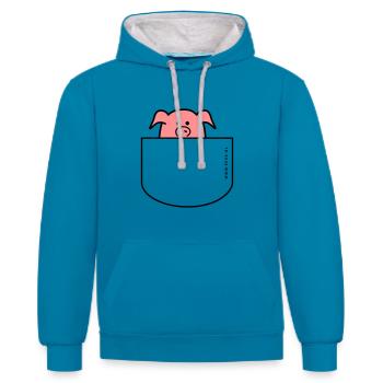 Pig comes out of the pocket - Contrast hoodie - peacock blue/heather grey - Front - Liana (172cm) & Jaron (178cm)