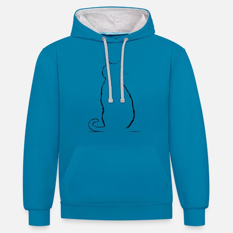 Chat, Motif De Chat - Sweat à capuche contrasté - bleu paon/gris chiné