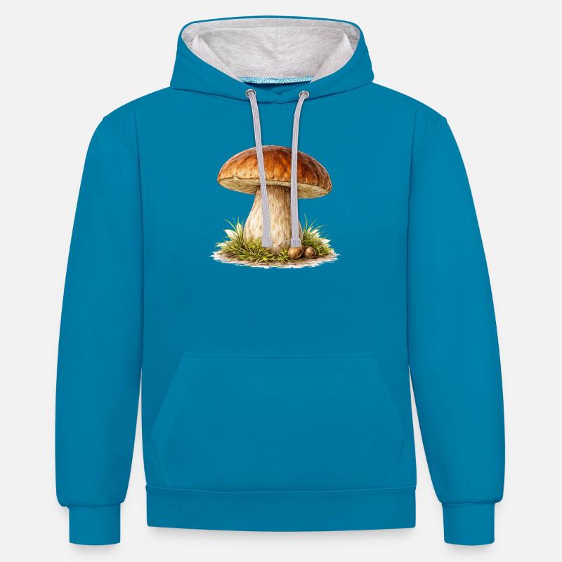 Illustration de champignon forestier - Sweat à capuche contrasté - bleu paon/gris chiné