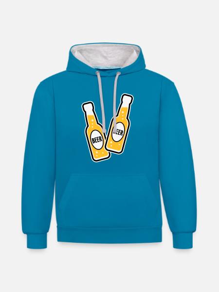 2 Bierflaschen (Bier / POS 3C) - Kontrast-Hoodie - Pfauenblau/Grau meliert