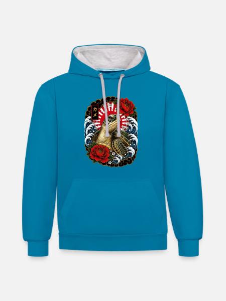 Schildkröte im japanischen Irezumi Stil - Kontrast-Hoodie - Pfauenblau/Grau meliert