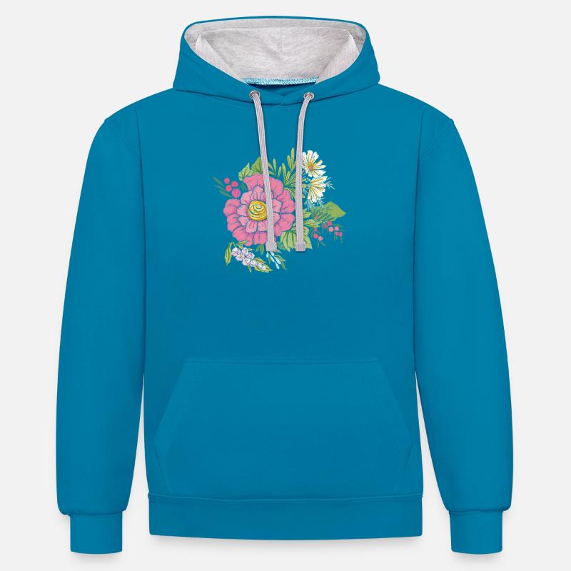 Image de fleur - Sweat à capuche contrasté - bleu paon/gris chiné