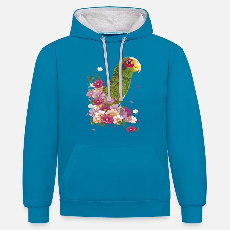 Le perroquet yucatèque - Sweat à capuche contrasté - bleu paon/gris chiné
