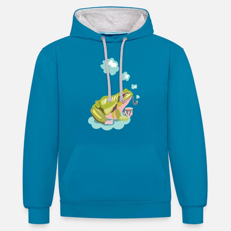 grenouille à la pipe - Sweat à capuche contrasté - bleu paon/gris chiné