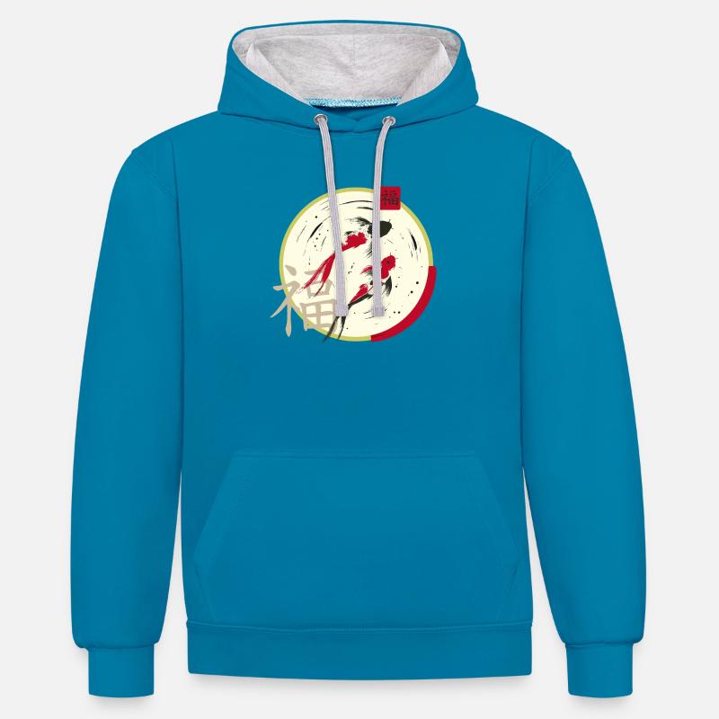 Prospérité du cercle lunaire zen Koi - Sweat à capuche contrasté - bleu paon/gris chiné