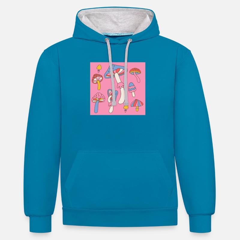 Retro Mushroom Pattern – Psychedelic 70s Design - Kontrast-Hoodie - Pfauenblau/Grau meliert