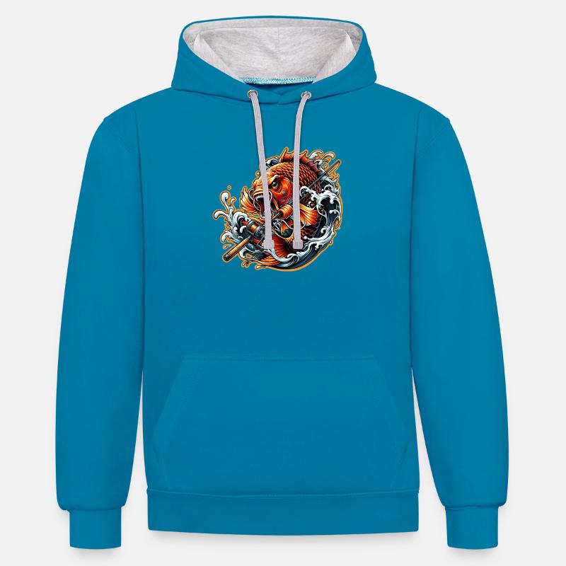 Poisson avec canne à pêche - Sweat à capuche contrasté - bleu paon/gris chiné