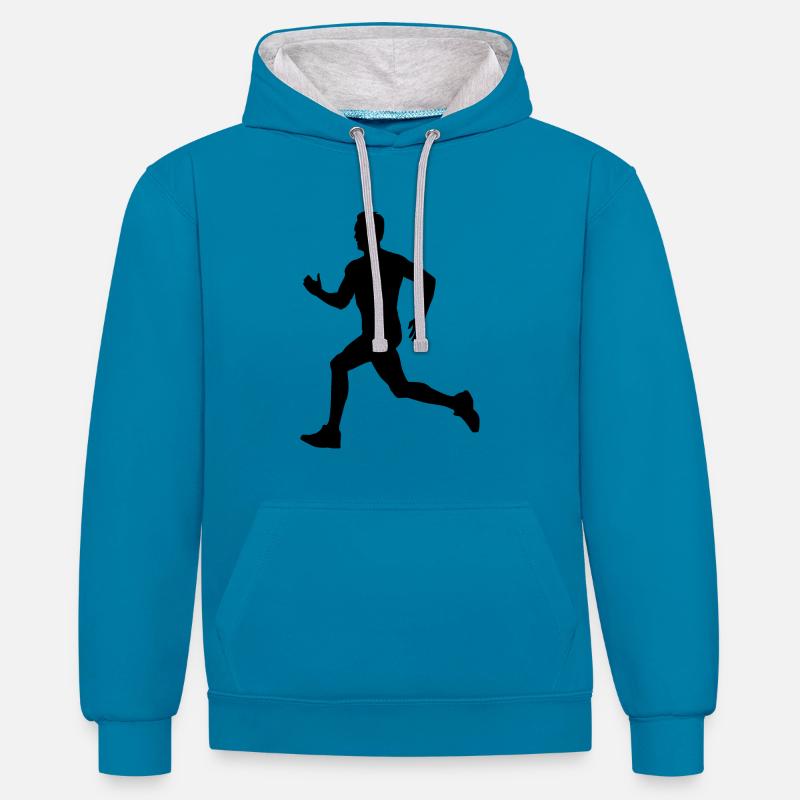Coureur, jogging, silhouette - Sweat à capuche contrasté - bleu paon/gris chiné