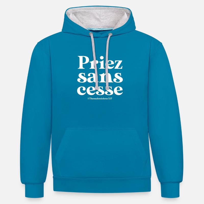 Priez sans cesse - Sweat à capuche contrasté - bleu paon/gris chiné