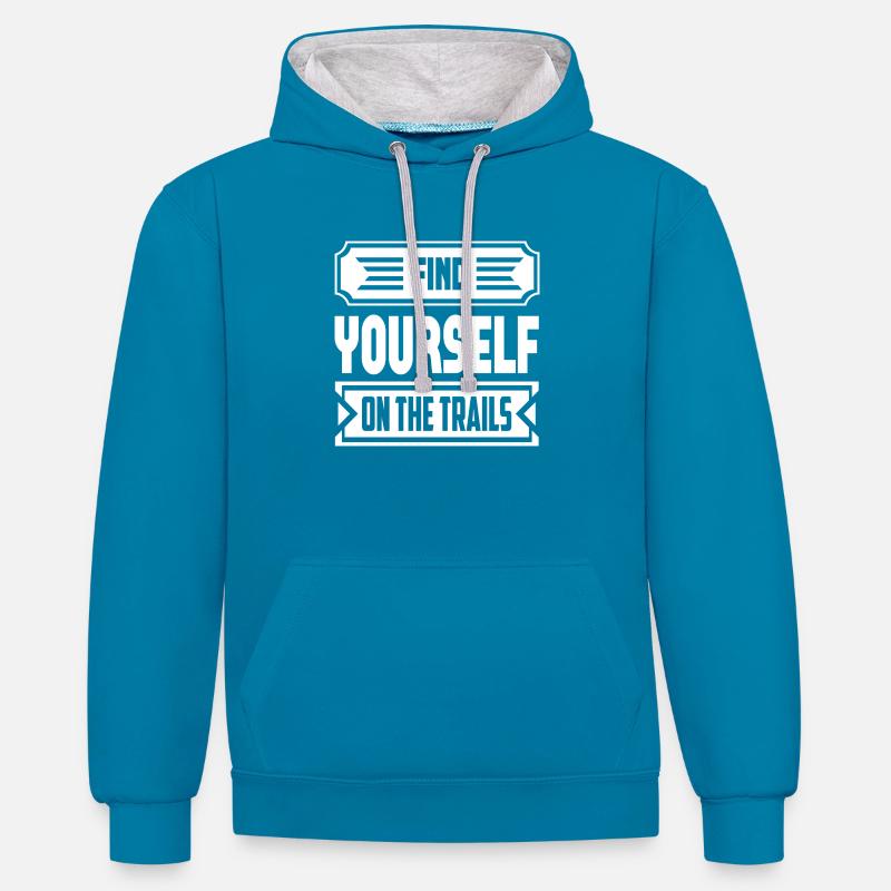 Retrouvez-vous sur les sentiers - Sweat à capuche contrasté - bleu paon/gris chiné