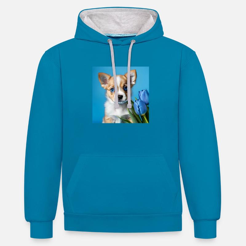 chiot bébé chien - Sweat à capuche contrasté - bleu paon/gris chiné