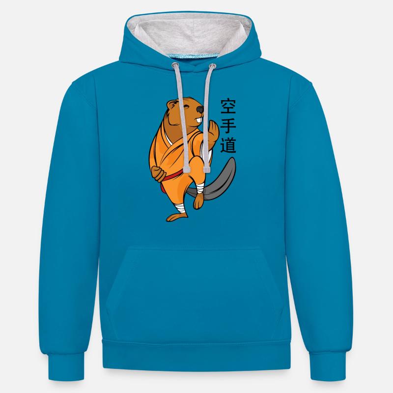 Castor et karaté - Sweat à capuche contrasté - bleu paon/gris chiné