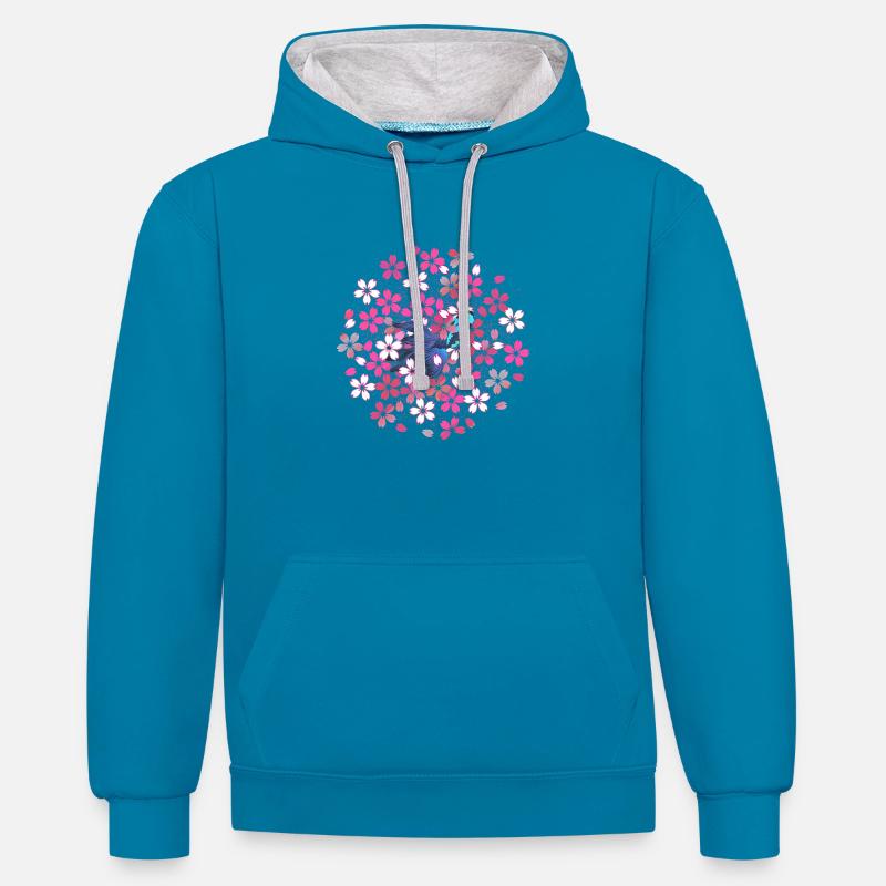 Printemps: Kingyo e sakura - Sweat à capuche contrasté - bleu paon/gris chiné