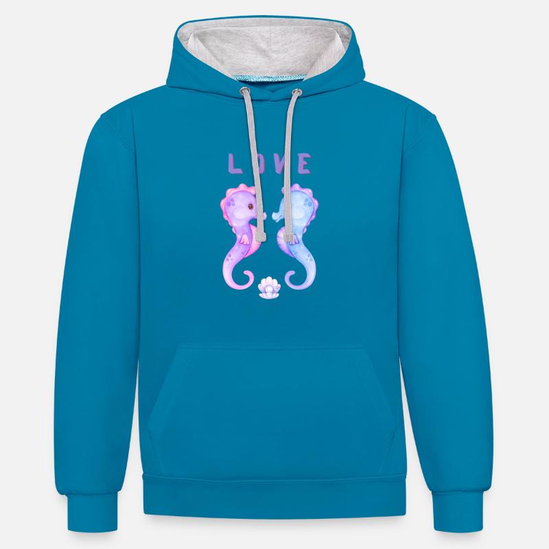 L O V E Hippocampes - Sweat à capuche contrasté - bleu paon/gris chiné