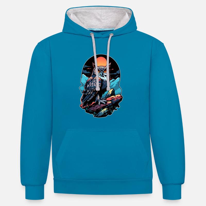 Großer Eule Uhu bei Mondschein - Kontrast-Hoodie - Pfauenblau/Grau meliert