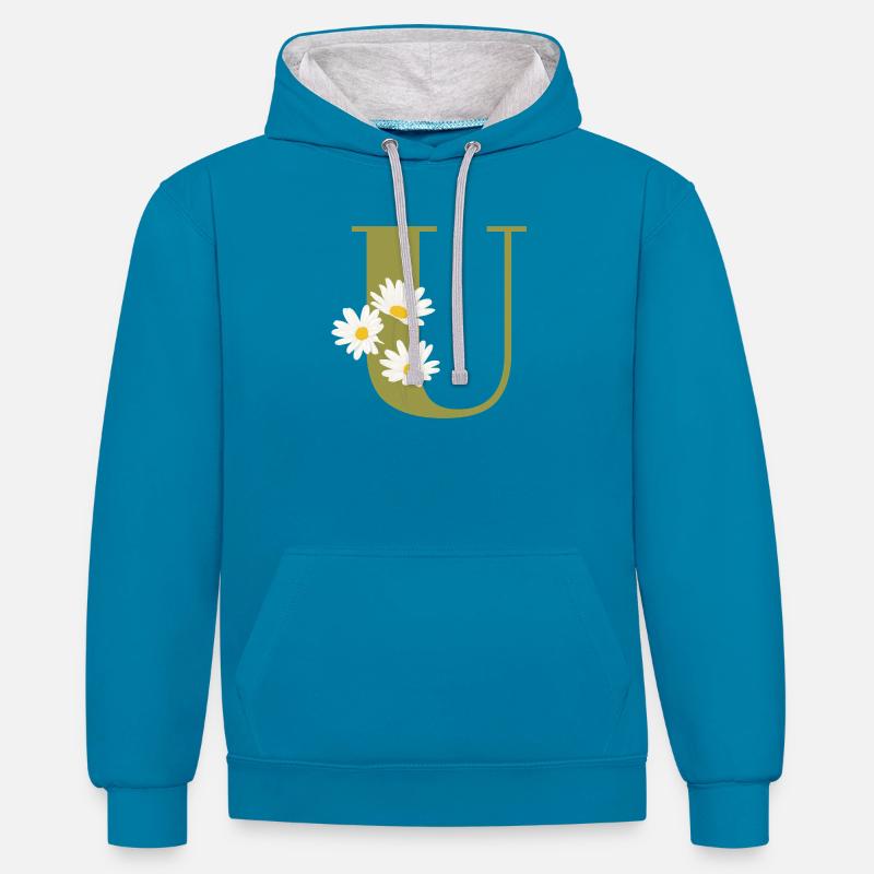 Grüne Gänseblümchen u Buchstabe - Kontrast-Hoodie - Pfauenblau/Grau meliert
