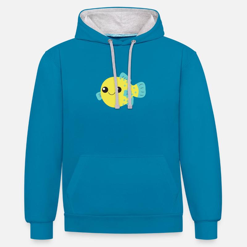 Poisson-globe, poisson mignon, océan, - Sweat à capuche contrasté - bleu paon/gris chiné