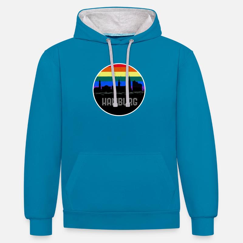 Arc-en-ciel Skyline de Hambourg - Sweat à capuche contrasté - bleu paon/gris chiné
