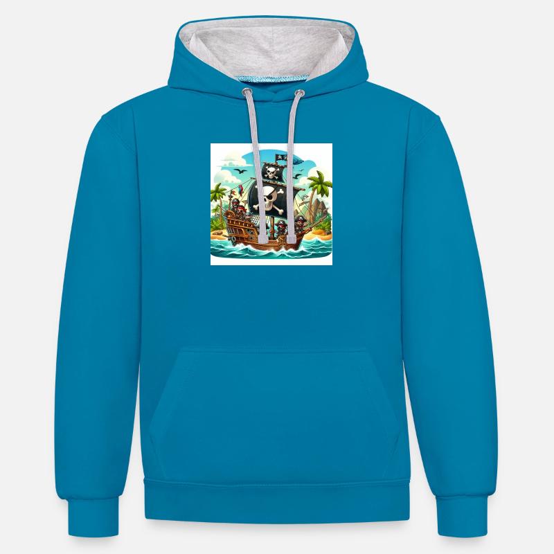 Bateau pirate en haute mer - Sweat à capuche contrasté - bleu paon/gris chiné