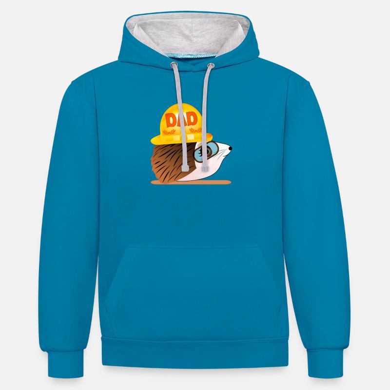 Papa hérisson - Construction - Sweat à capuche contrasté - bleu paon/gris chiné