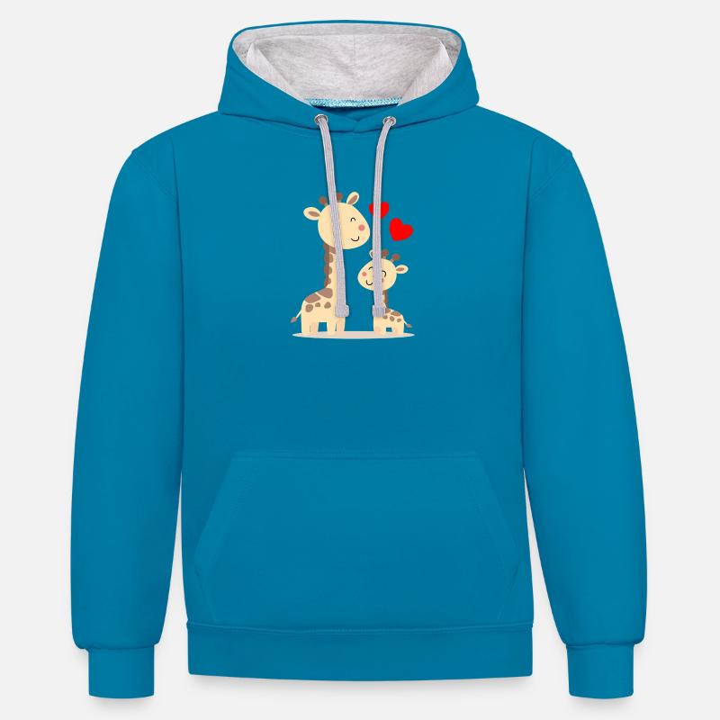 Bébé Girafe avec Maman Girafe - Sweat à capuche contrasté - bleu paon/gris chiné