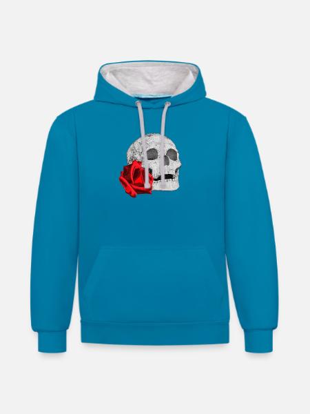 Schädel mit roter Rose - Kontrast-Hoodie - Pfauenblau/Grau meliert