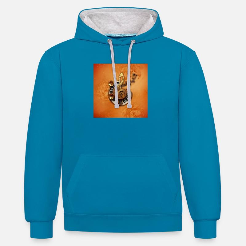 Style musical abstrait avec des fleurs - Sweat à capuche contrasté - bleu paon/gris chiné