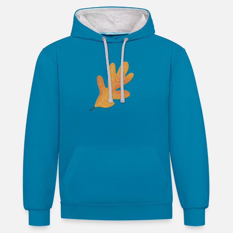 Illustration de feuille de chêne d’automne - Sweat à capuche contrasté - bleu paon/gris chiné