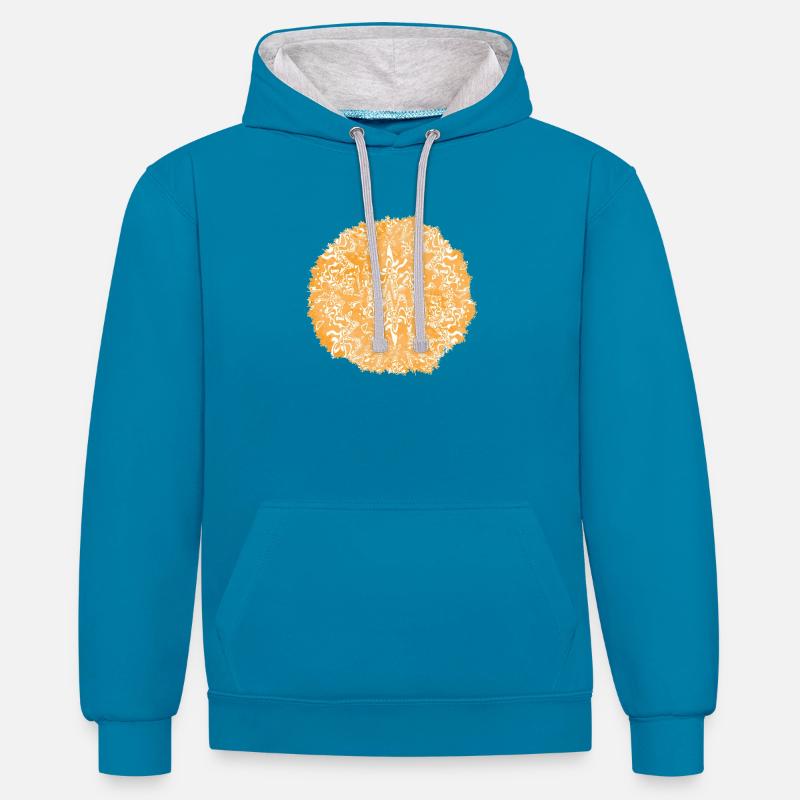Orange tie-dye circle pattern - Contrast hoodie - peacock blue/heather grey