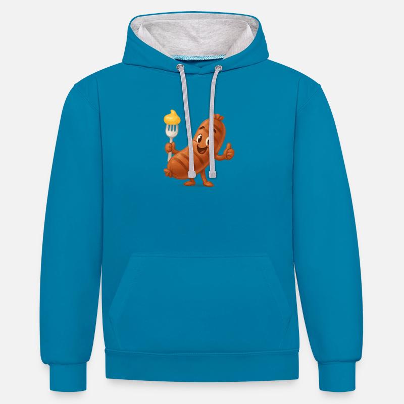 Dessin animé Saucisses à la moutarde - Sweat à capuche contrasté - bleu paon/gris chiné