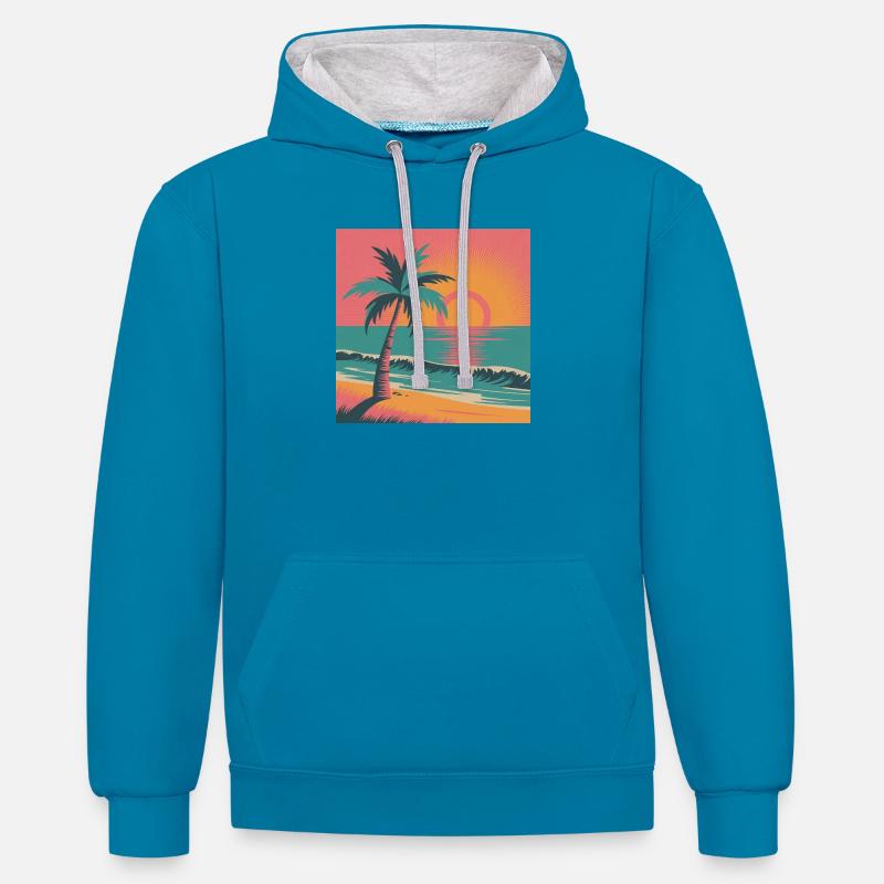 Palmier Retro Couchant Sur l’Océan - Sweat à capuche contrasté - bleu paon/gris chiné
