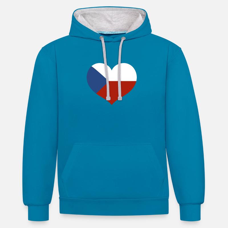 Drapeau du cœur tchèque - Sweat à capuche contrasté - bleu paon/gris chiné