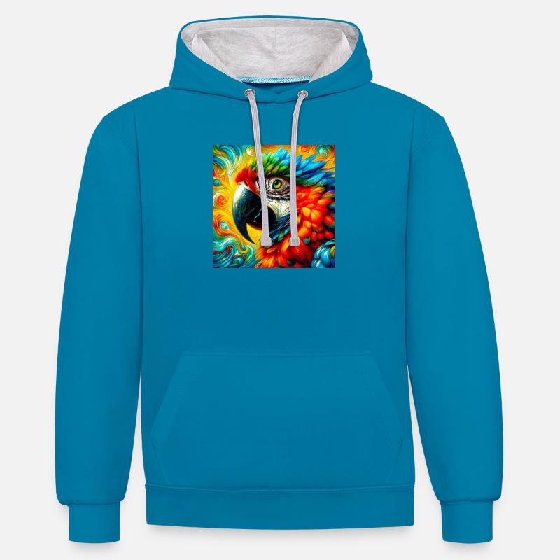 perroquet - Sweat à capuche contrasté - bleu paon/gris chiné