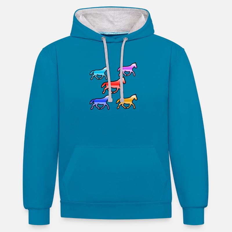 Chevaux - Sweat à capuche contrasté - bleu paon/gris chiné