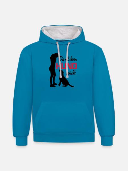 Mit Hund sprechen - Kontrast-Hoodie - Pfauenblau/Grau meliert