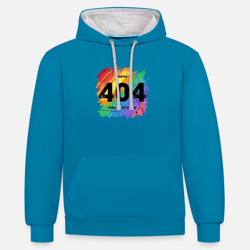 Vibrant Rainbow Error 404 Design - Sweat à capuche contrasté - bleu paon/gris chiné