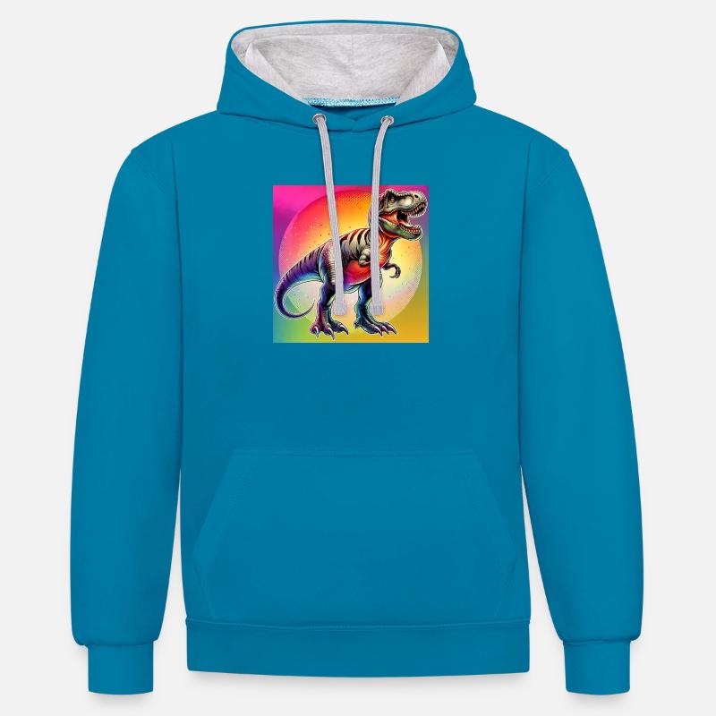 dinosaure - Sweat à capuche contrasté - bleu paon/gris chiné