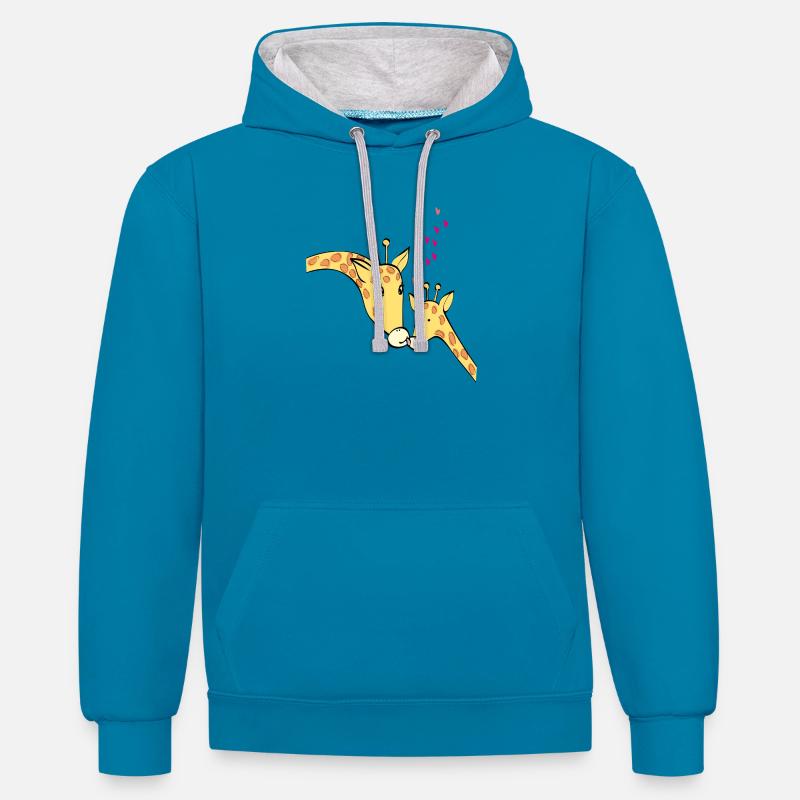 Girafes amoureuses - Sweat à capuche contrasté - bleu paon/gris chiné