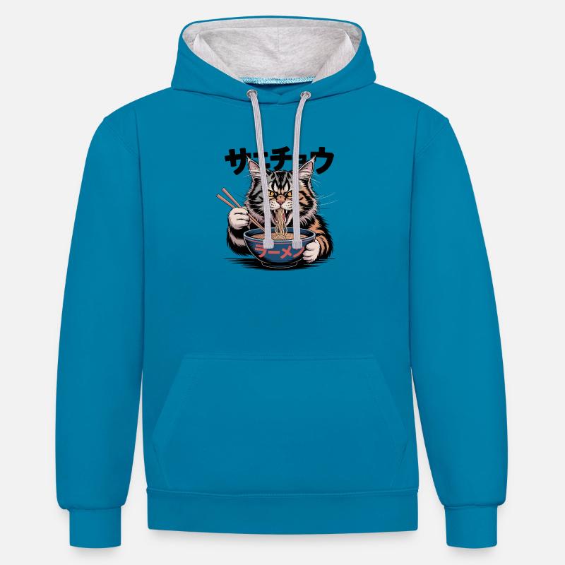 Chat Ramen affamé Chat Drôle Design - Sweat à capuche contrasté - bleu paon/gris chiné