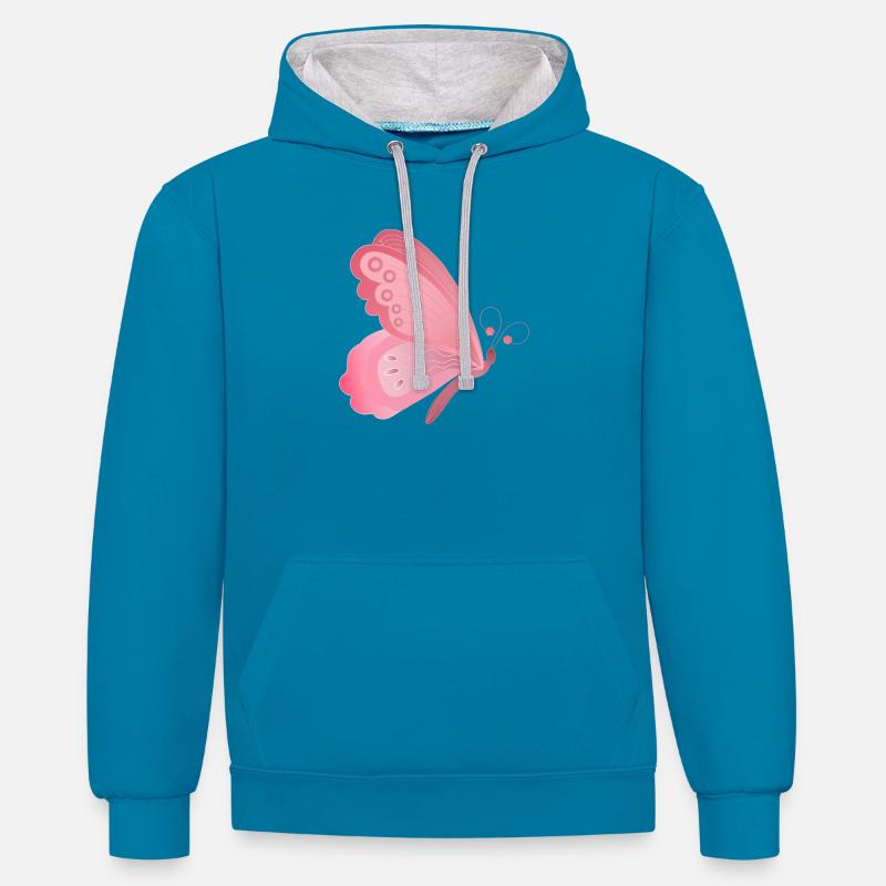 Conception d’ailes de papillon rose - Sweat à capuche contrasté - bleu paon/gris chiné