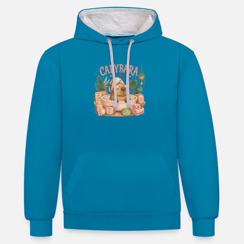 Escapade Spa à Capybara - Sweat à capuche contrasté - bleu paon/gris chiné