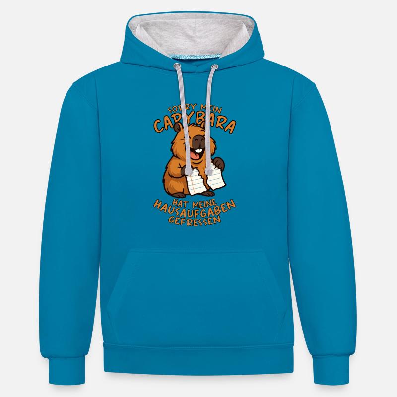 Désolé, mon capybara a mes devoirs... - Sweat à capuche contrasté - bleu paon/gris chiné