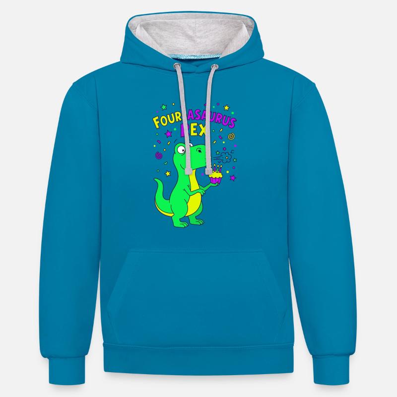 4e anniversaire du Quatre-Asaurus Rex - Sweat à capuche contrasté - bleu paon/gris chiné